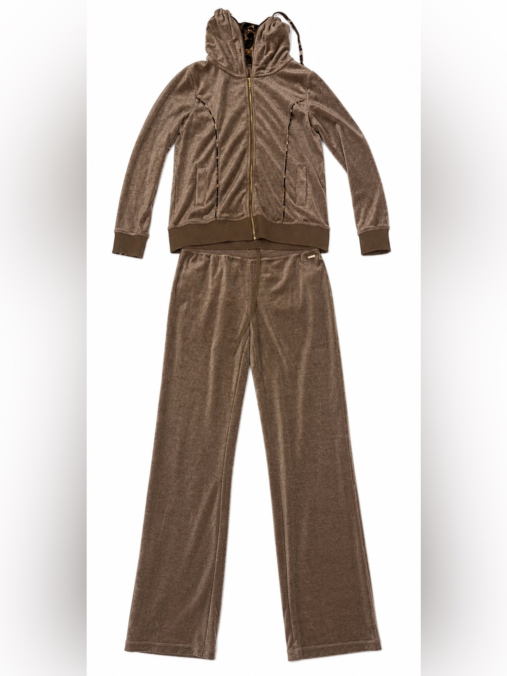 Calvin Klein Velour Tracksuit Set Brown Leopard Print Hood Gold Zip Y2K Size S - Picture 2 of 12